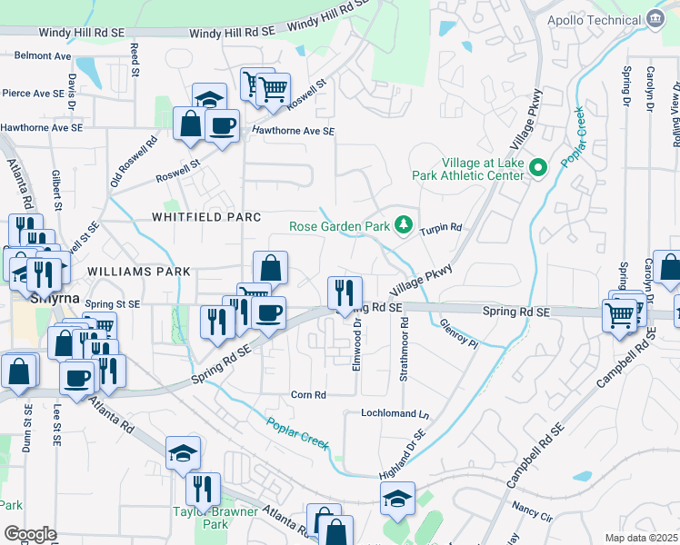 map of restaurants, bars, coffee shops, grocery stores, and more near 1752 Napa Valley Court Southeast in Smyrna