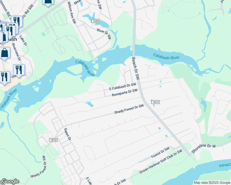 map of restaurants, bars, coffee shops, grocery stores, and more near 9084 Bonaparte Drive Southwest in Calabash