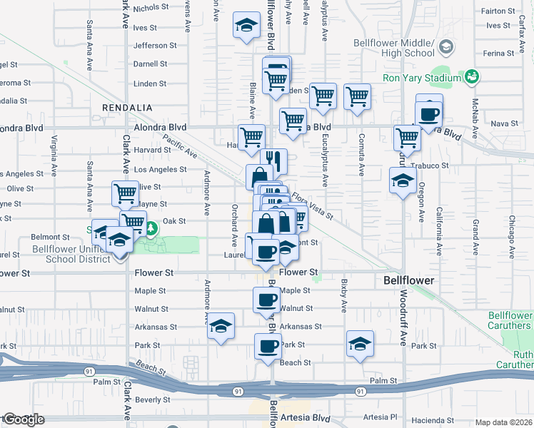 map of restaurants, bars, coffee shops, grocery stores, and more near 16427 Bellflower Boulevard in Bellflower