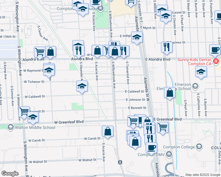 map of restaurants, bars, coffee shops, grocery stores, and more near 1205 S Willowbrook Ave in Compton