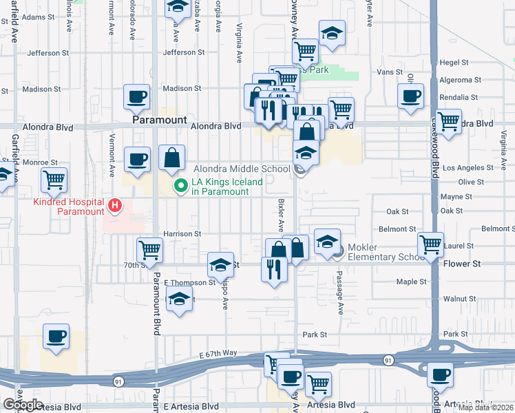 map of restaurants, bars, coffee shops, grocery stores, and more near 16413 Indiana Avenue in Paramount