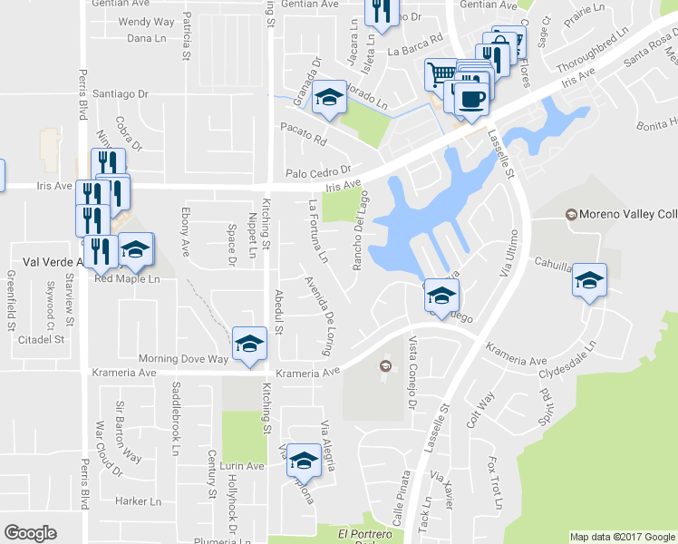 map of restaurants, bars, coffee shops, grocery stores, and more near 16210 La Fortuna Lane in Moreno Valley
