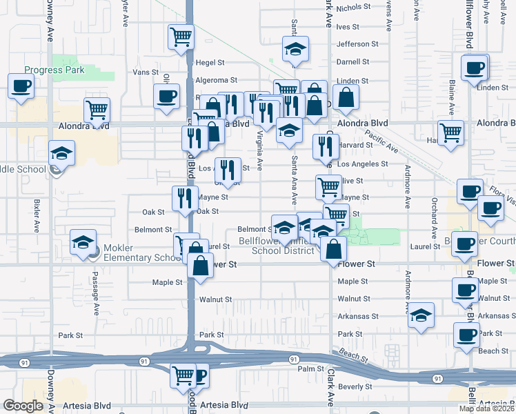 map of restaurants, bars, coffee shops, grocery stores, and more near 9159 Oak Street in Bellflower