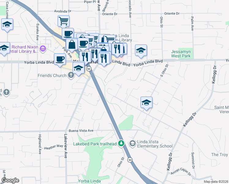 map of restaurants, bars, coffee shops, grocery stores, and more near 5262 Los Altos Drive in Yorba Linda