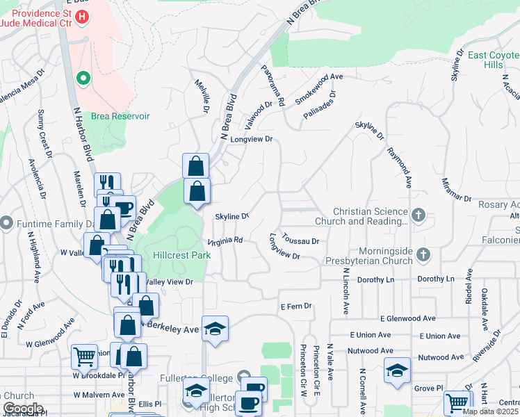 map of restaurants, bars, coffee shops, grocery stores, and more near 1462 Skyline Drive in Fullerton
