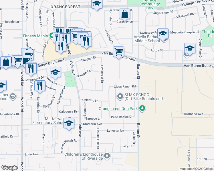 map of restaurants, bars, coffee shops, grocery stores, and more near 9132 Santa Barbara Drive in Riverside