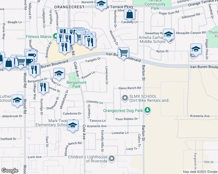 map of restaurants, bars, coffee shops, grocery stores, and more near 9157 Limecrest Drive in Riverside