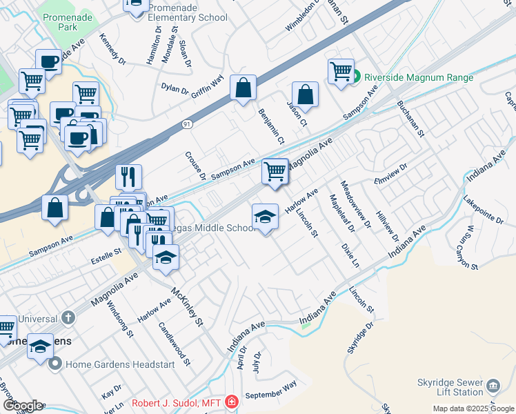 map of restaurants, bars, coffee shops, grocery stores, and more near 3761 Harvill Lane in Riverside