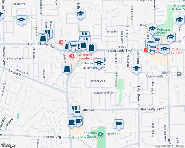 map of restaurants, bars, coffee shops, grocery stores, and more near 1255 Lasterbrook Street in Placentia