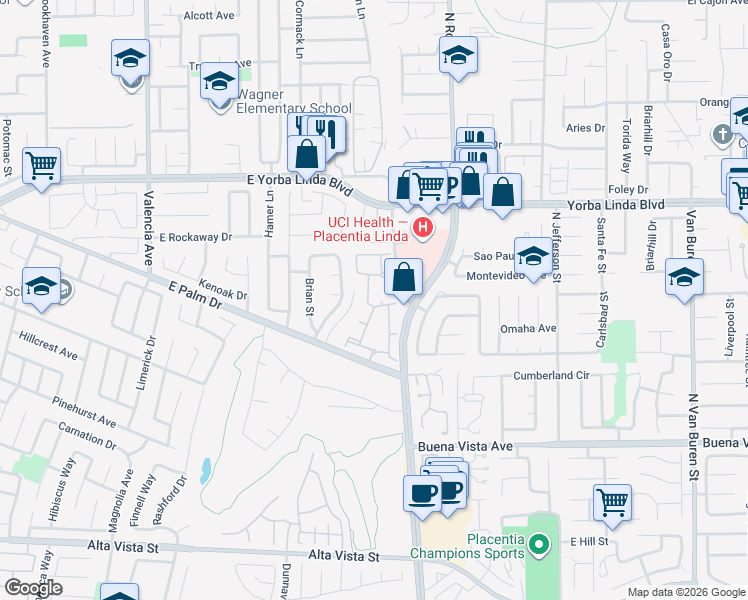 map of restaurants, bars, coffee shops, grocery stores, and more near 1249 Moro Circle in Placentia