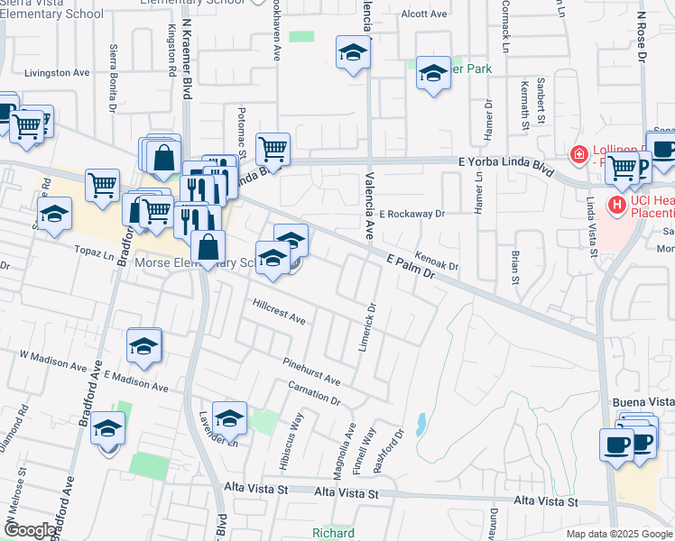map of restaurants, bars, coffee shops, grocery stores, and more near 1347 Orleans Drive in Placentia