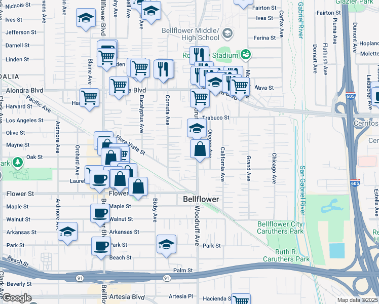 map of restaurants, bars, coffee shops, grocery stores, and more near 16416 Woodruff Avenue in Bellflower