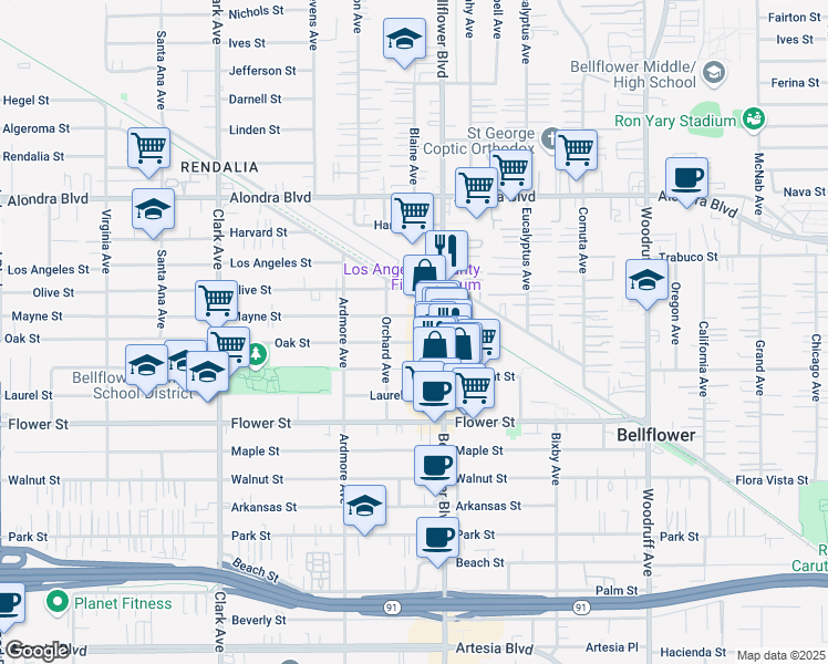 map of restaurants, bars, coffee shops, grocery stores, and more near 9723 Oak Street in Bellflower
