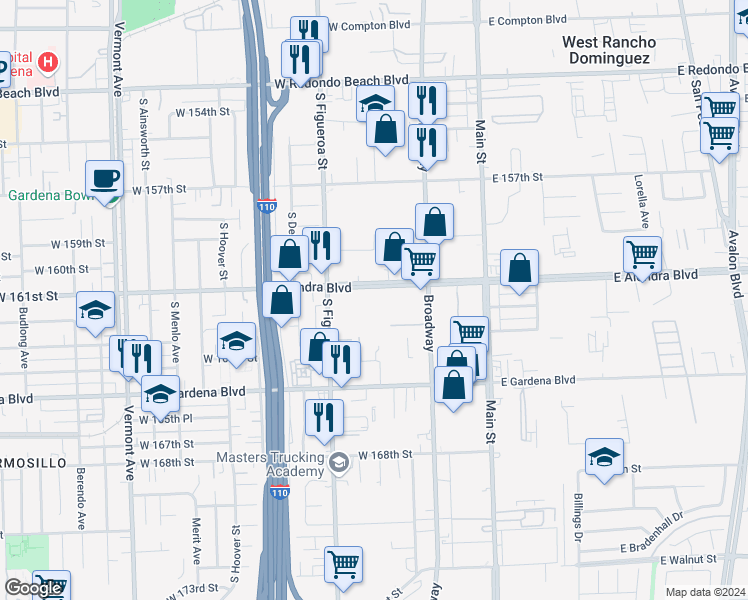 map of restaurants, bars, coffee shops, grocery stores, and more near 400 West Alondra Boulevard in Gardena