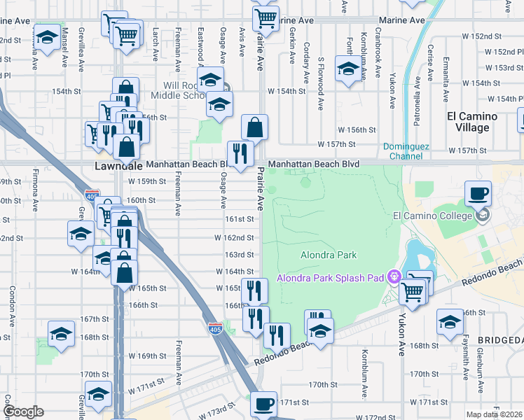 map of restaurants, bars, coffee shops, grocery stores, and more near 16015 Prairie Avenue in Lawndale