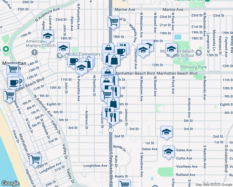 map of restaurants, bars, coffee shops, grocery stores, and more near 1130 10th Street in Manhattan Beach