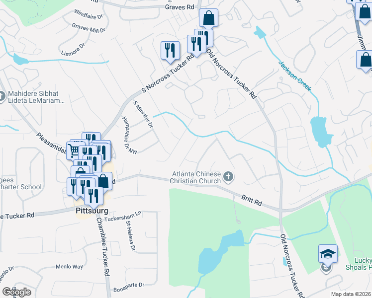 map of restaurants, bars, coffee shops, grocery stores, and more near 6687 Gunstock Lane in Tucker