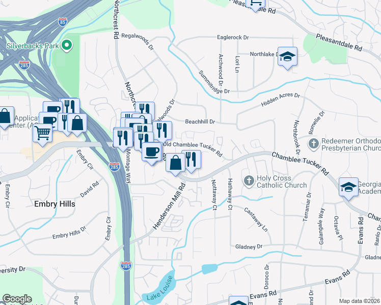 map of restaurants, bars, coffee shops, grocery stores, and more near 3543 Old Chamblee Tucker Road in Doraville