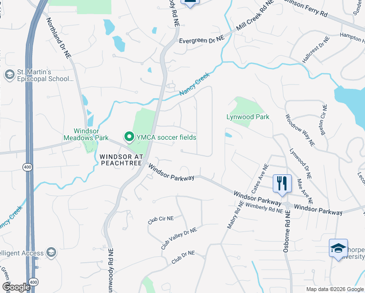 map of restaurants, bars, coffee shops, grocery stores, and more near 1100 Old Woodbine Road Northeast in Atlanta
