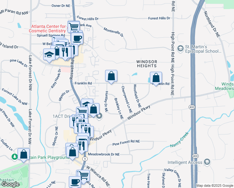 map of restaurants, bars, coffee shops, grocery stores, and more near 4785 Brinkley Lane Northeast in Atlanta