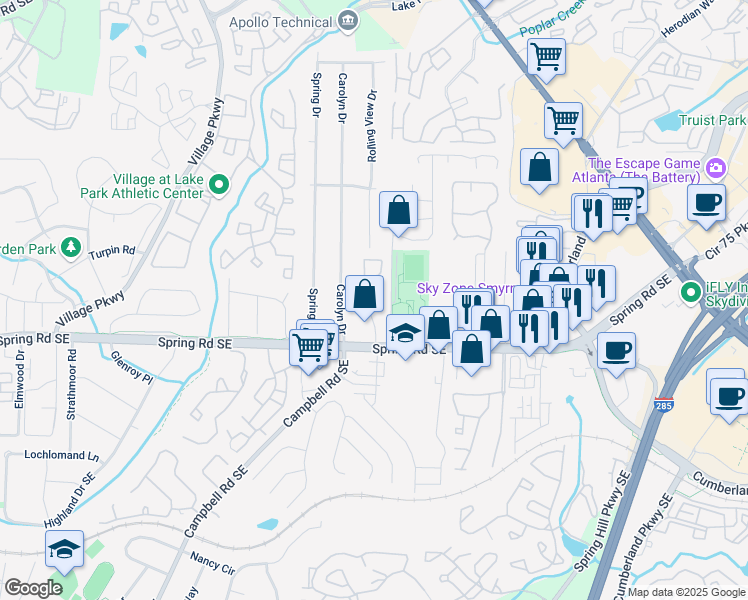 map of restaurants, bars, coffee shops, grocery stores, and more near 2374 Farmstead Circle in Smyrna