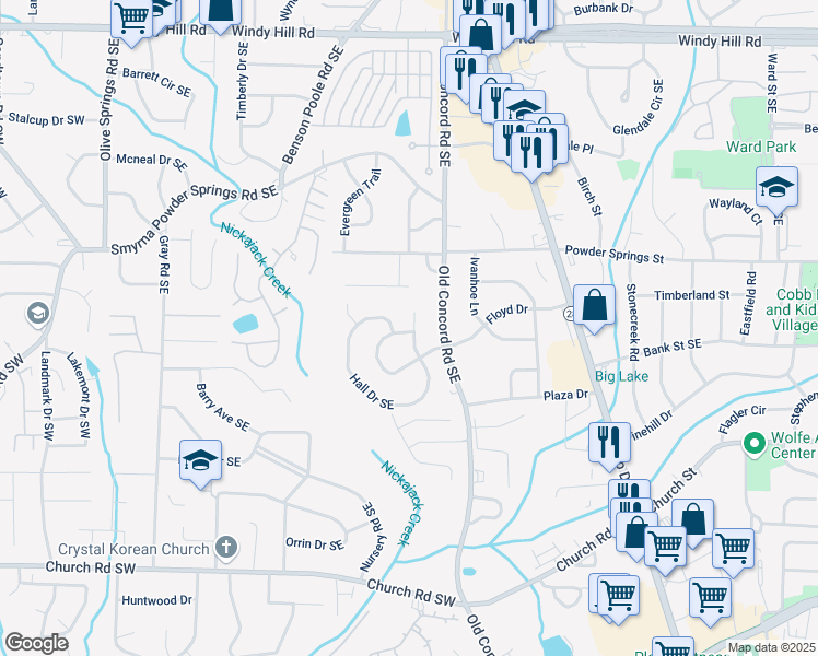 map of restaurants, bars, coffee shops, grocery stores, and more near 2804 Hall Drive Southeast in Smyrna