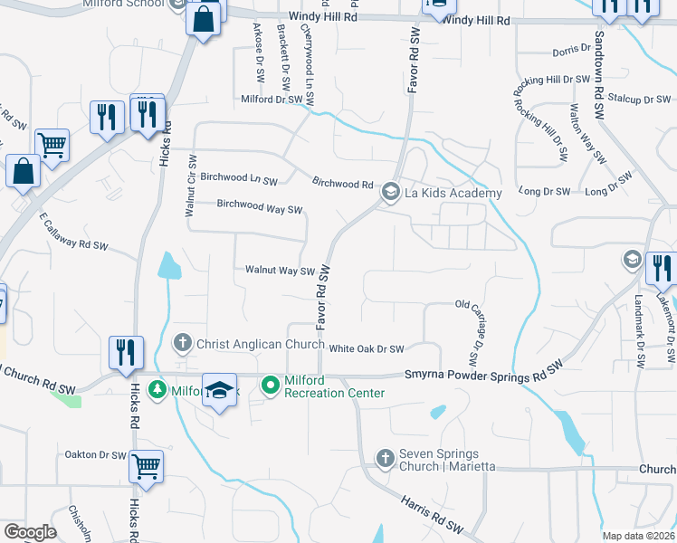map of restaurants, bars, coffee shops, grocery stores, and more near 2775 Favor Road Southwest in Marietta