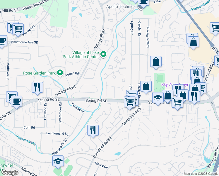 map of restaurants, bars, coffee shops, grocery stores, and more near 2170 Beech Valley Drive in Smyrna