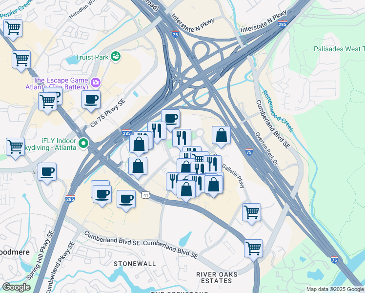 map of restaurants, bars, coffee shops, grocery stores, and more near 100 Galleria Parkway Southeast in Atlanta