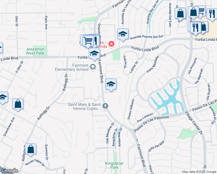 map of restaurants, bars, coffee shops, grocery stores, and more near 19782 Le Mans Circle in Yorba Linda