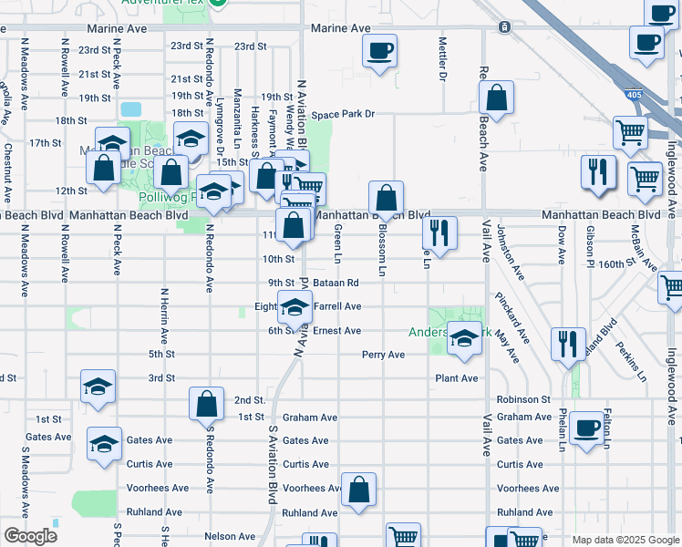 map of restaurants, bars, coffee shops, grocery stores, and more near 3302 Green Lane in Redondo Beach