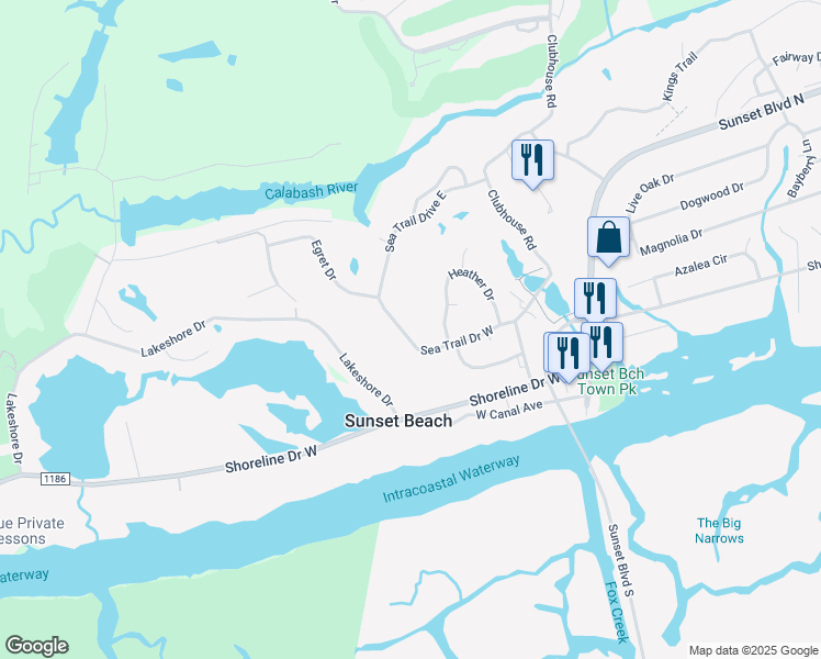map of restaurants, bars, coffee shops, grocery stores, and more near 396 Sea Trail Drive West in Sunset Beach