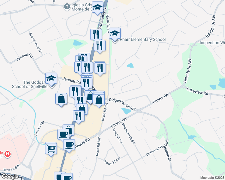 map of restaurants, bars, coffee shops, grocery stores, and more near 1812 Glenwood Lane in Snellville