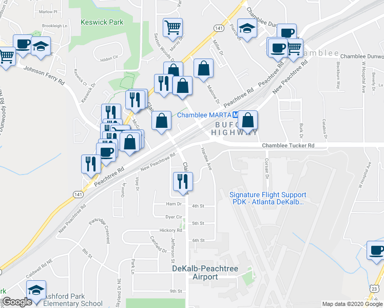 map of restaurants, bars, coffee shops, grocery stores, and more near 4189 Clairmont Road in Atlanta