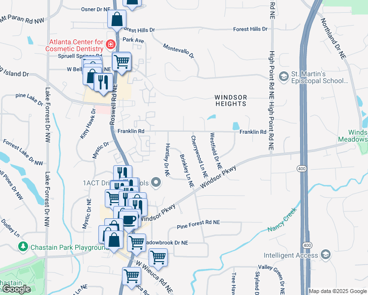 map of restaurants, bars, coffee shops, grocery stores, and more near 4785 Brinkley Lane Northeast in Atlanta