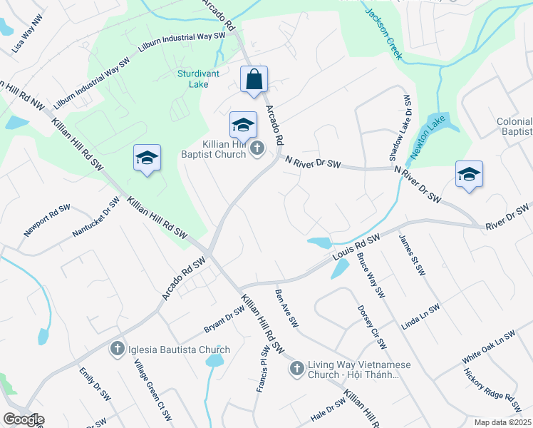 map of restaurants, bars, coffee shops, grocery stores, and more near 172 Arcado Road Southwest in Lilburn
