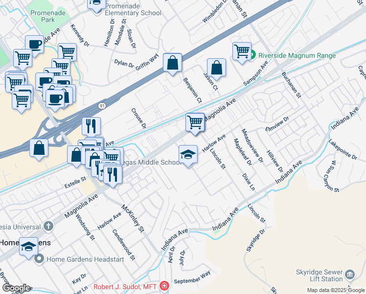 map of restaurants, bars, coffee shops, grocery stores, and more near 3761 Harvill Lane in Riverside