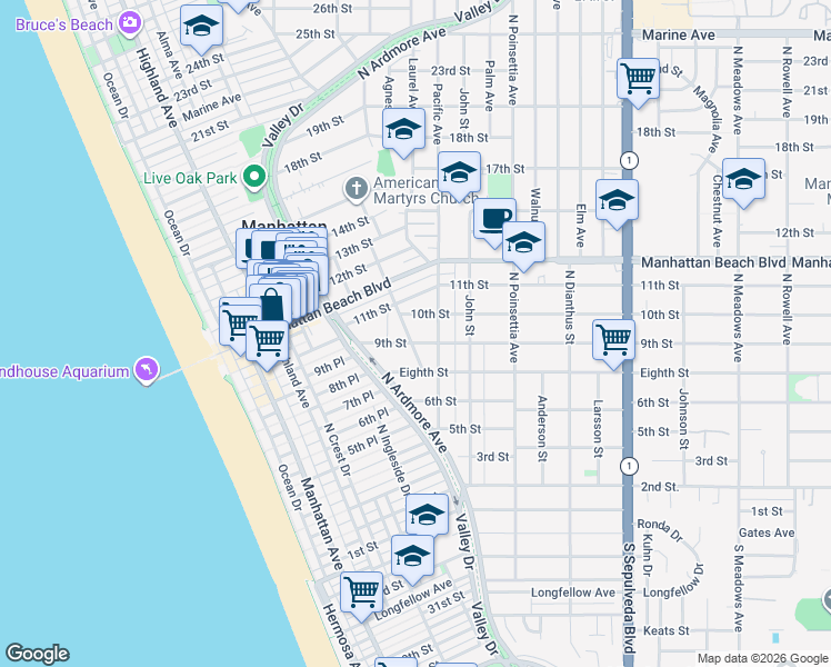 map of restaurants, bars, coffee shops, grocery stores, and more near 904 Highview Avenue in Manhattan Beach