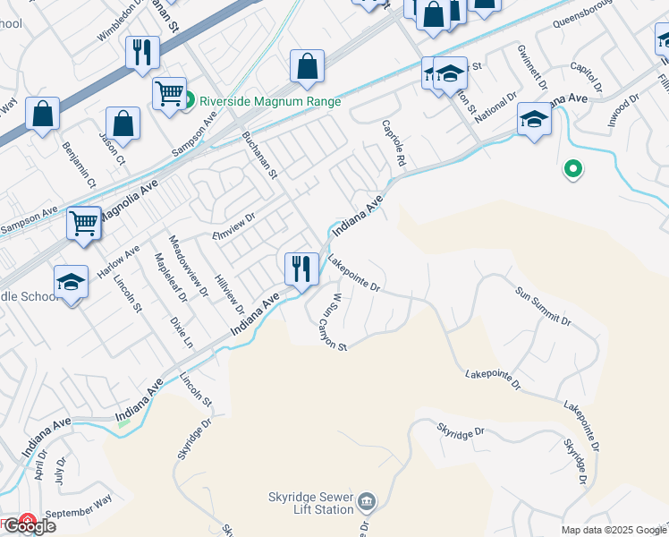 map of restaurants, bars, coffee shops, grocery stores, and more near 16146 Cousins Circle in Riverside