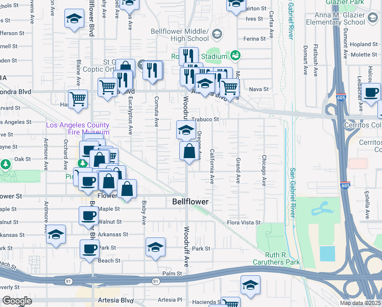 map of restaurants, bars, coffee shops, grocery stores, and more near 16416 Woodruff Avenue in Bellflower