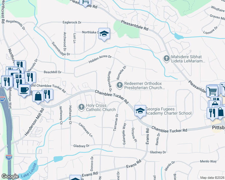 map of restaurants, bars, coffee shops, grocery stores, and more near 3257 Northbrook Drive in Doraville