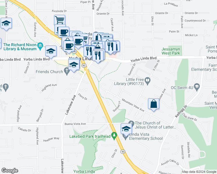 map of restaurants, bars, coffee shops, grocery stores, and more near 5262 Los Altos Drive in Yorba Linda