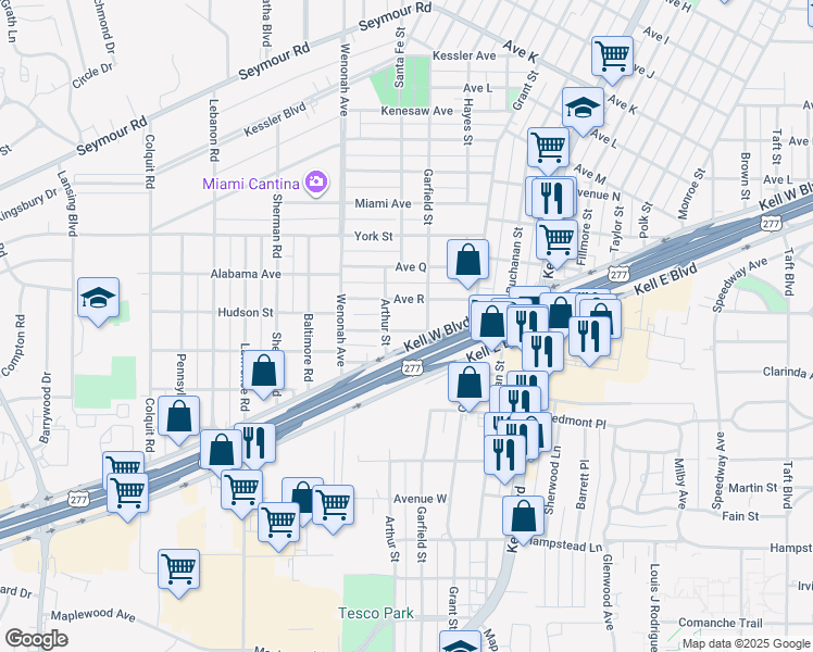 map of restaurants, bars, coffee shops, grocery stores, and more near 3108 Avenue South in Wichita Falls