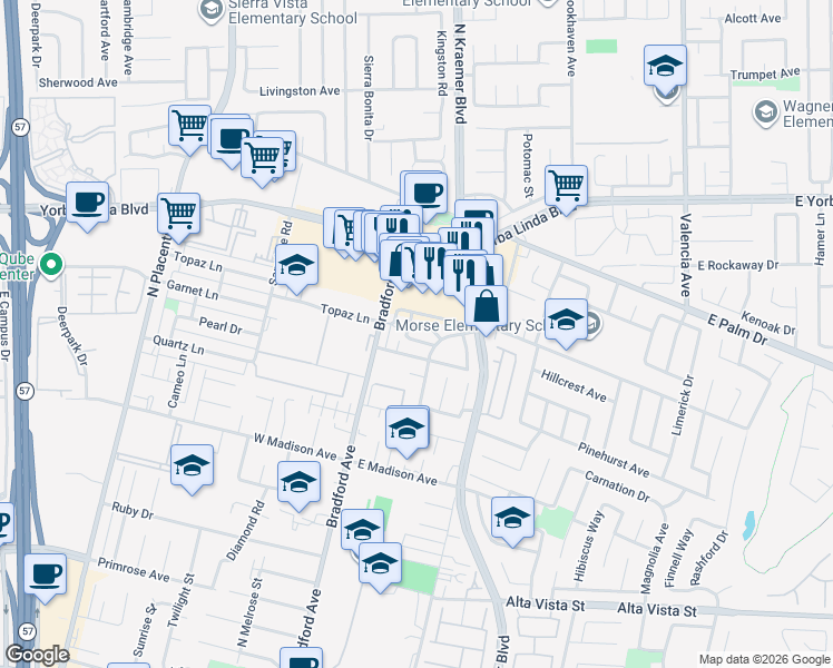 map of restaurants, bars, coffee shops, grocery stores, and more near 166 Southampton Way in Placentia