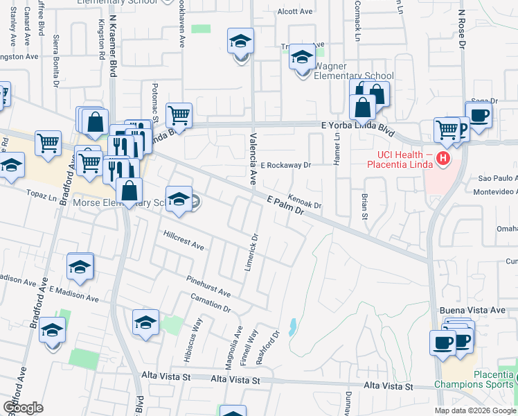 map of restaurants, bars, coffee shops, grocery stores, and more near 1355 Limerick Drive in Placentia