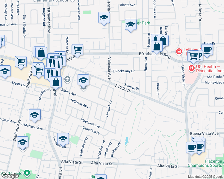 map of restaurants, bars, coffee shops, grocery stores, and more near 1355 Limerick Drive in Placentia