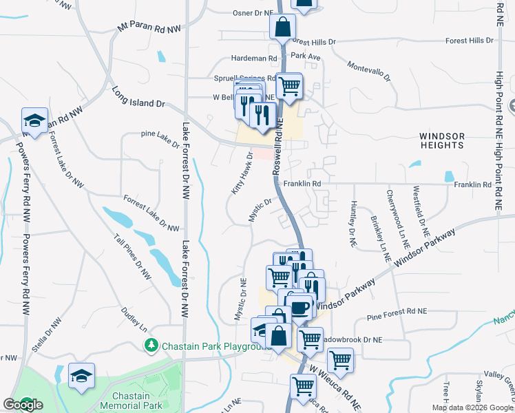 map of restaurants, bars, coffee shops, grocery stores, and more near 4770 Mystic Drive Northeast in Sandy Springs