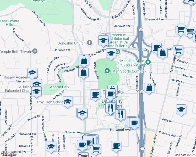 map of restaurants, bars, coffee shops, grocery stores, and more near West Campus Drive in Fullerton
