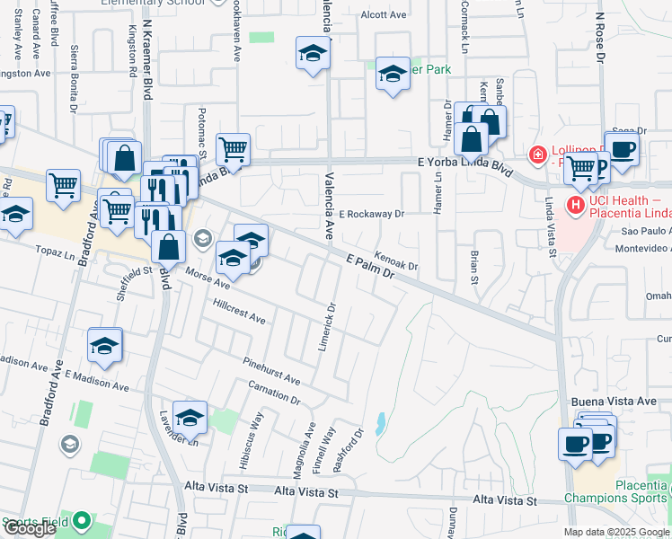 map of restaurants, bars, coffee shops, grocery stores, and more near 1355 Limerick Drive in Placentia