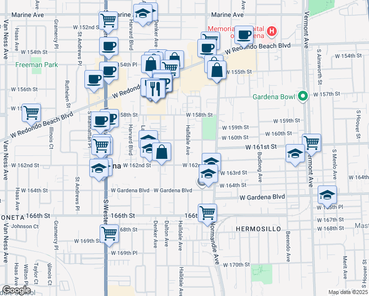 map of restaurants, bars, coffee shops, grocery stores, and more near 16015 Halldale Avenue in Gardena